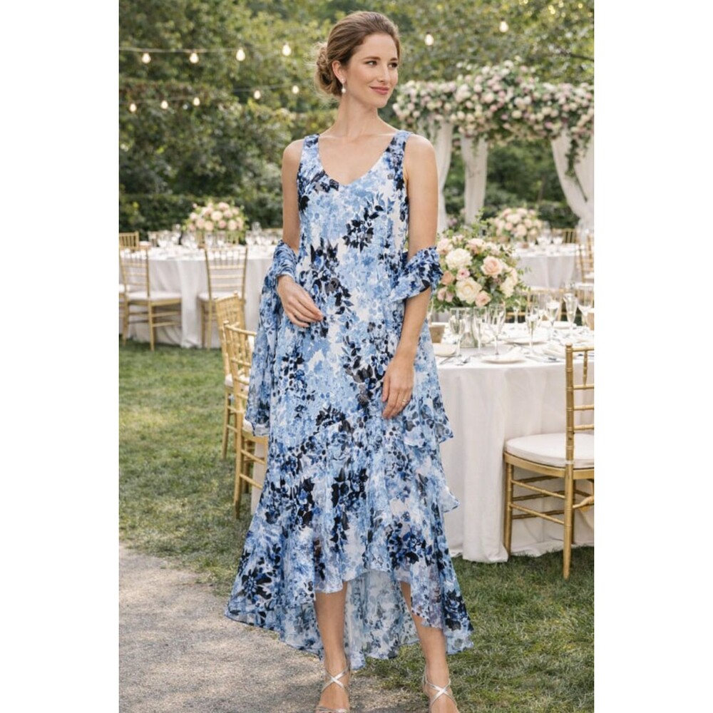 Alex Evenings Tulip Midi Dress Sz 6 Blue w/ Shawl Wedding Guest Mother of Bride